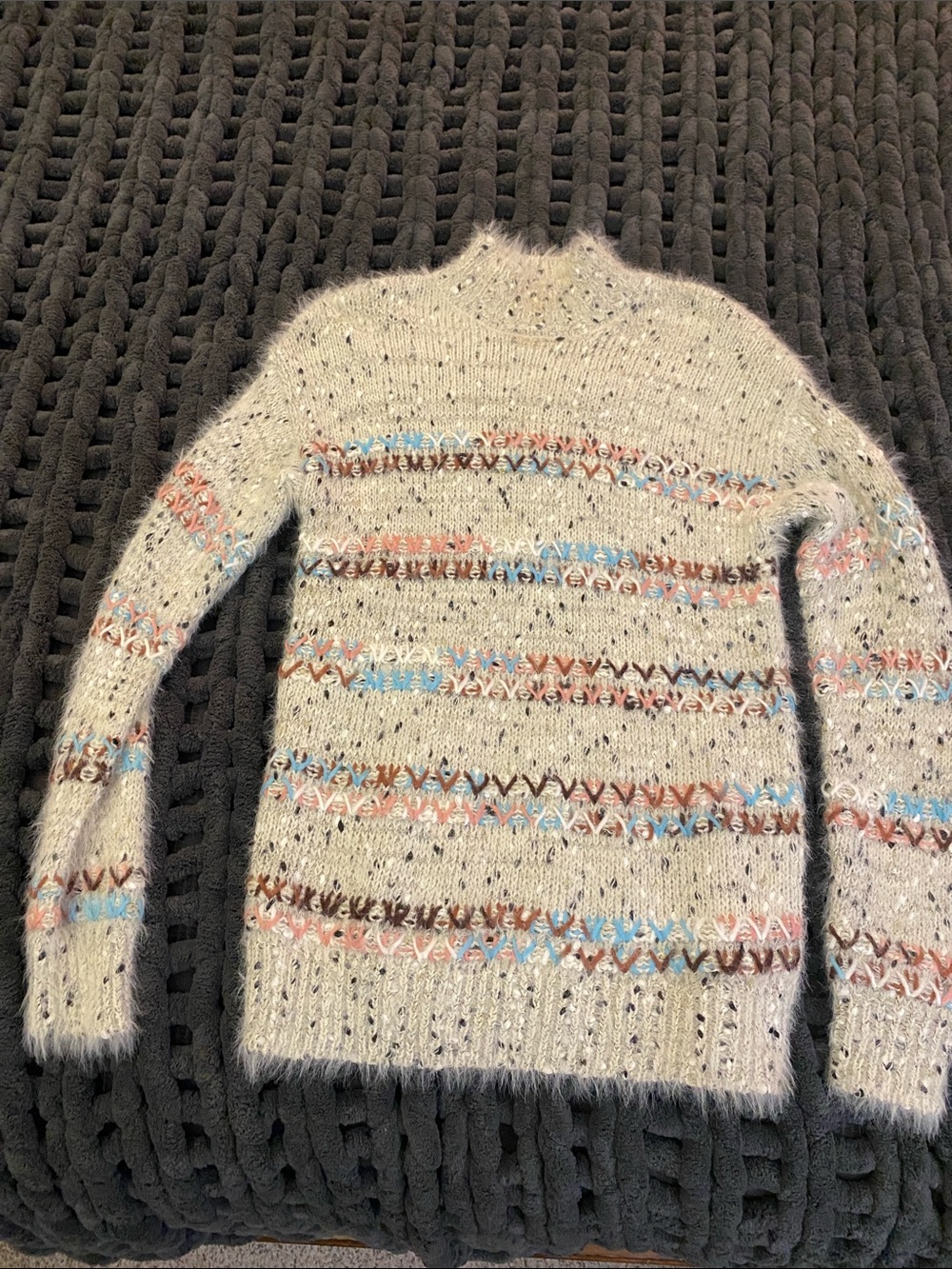 Maurices Cream Fuzzy Turtleneck Sweater with Blue, Pink & Brown Stripes